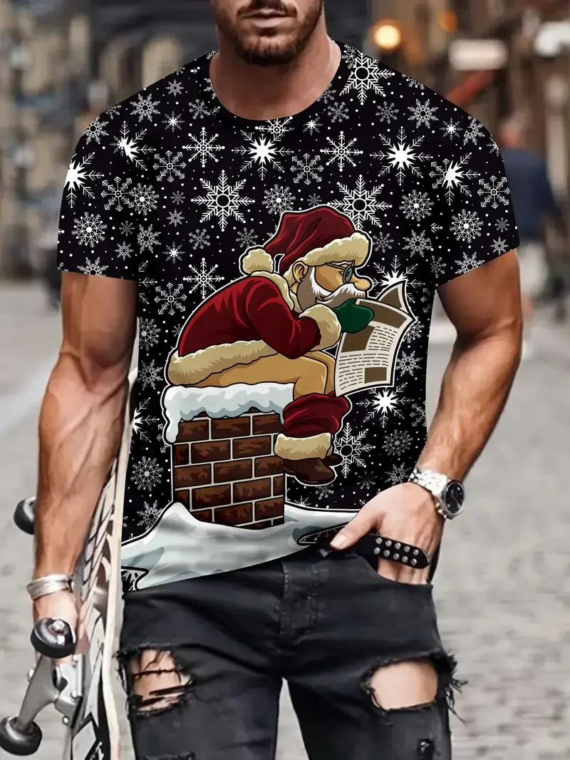 Men's T Shirt Santa Claus Graphic Print Pullover Summer Casual Short Sleeve Tee Fashion Funny T-Shirts Male Oversized Clothing image 4