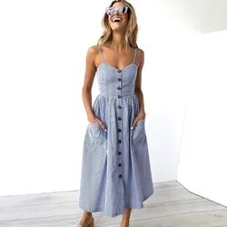 Vintage Casual Sundress Female Beach Dress Midi Button Backless Polka Dot Striped Women Dress Summer 2020 Boho Sexy Floral Dress