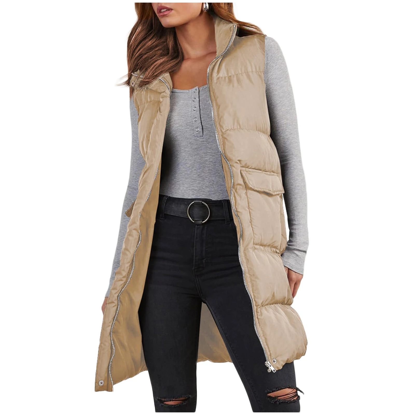 Long with Hood Outdoor Vest Down Women\'s Jacket Quilted Coat Sleeveless Jacket Winter Light Weight Sweaters