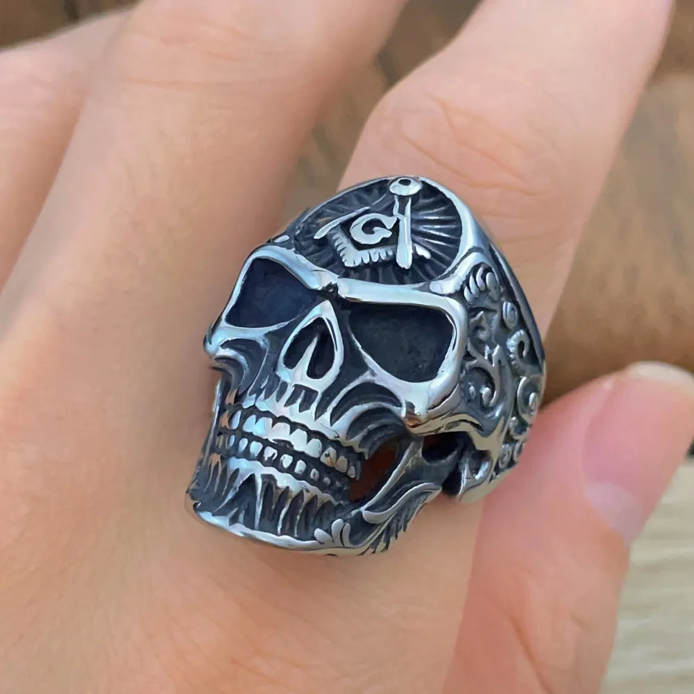 316L Stainless Steel Retro Masonic Skull Ring Men Fashion Punk Floral Pattern Letter G Ring Biker Amulet Jewelry Gift Wholesale