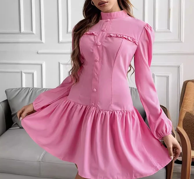 

Women's Dress Casual Commuting Solid Color Stand Collar Puff Long Sleeve Button Ruffles Design Slim Fit A-line Mini Dress