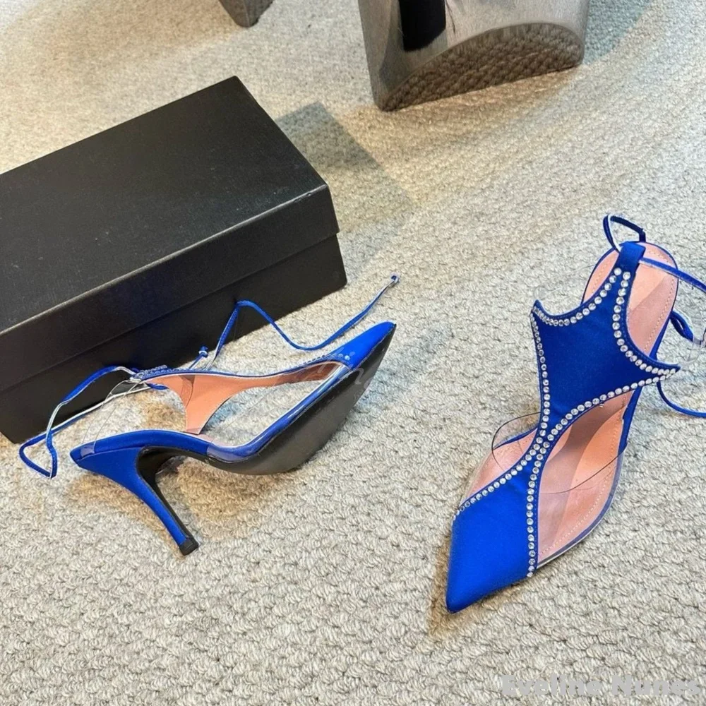 Sexy Rhinestone Satin Sandals Women Pointed Toe Hollow Rhombus Upper Cross Strap Sandals Summer Party Luxury Stiletto Heel Pumps