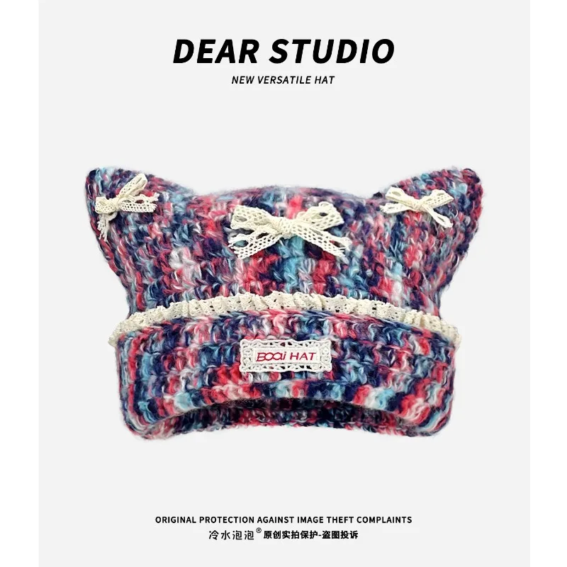 

Милые вязаные шапки с кружевным бантом, разноцветные вязаные шапки Y2K, осенне-зимние повседневные теплые индивидуальные универсальные пуловеры для женщин