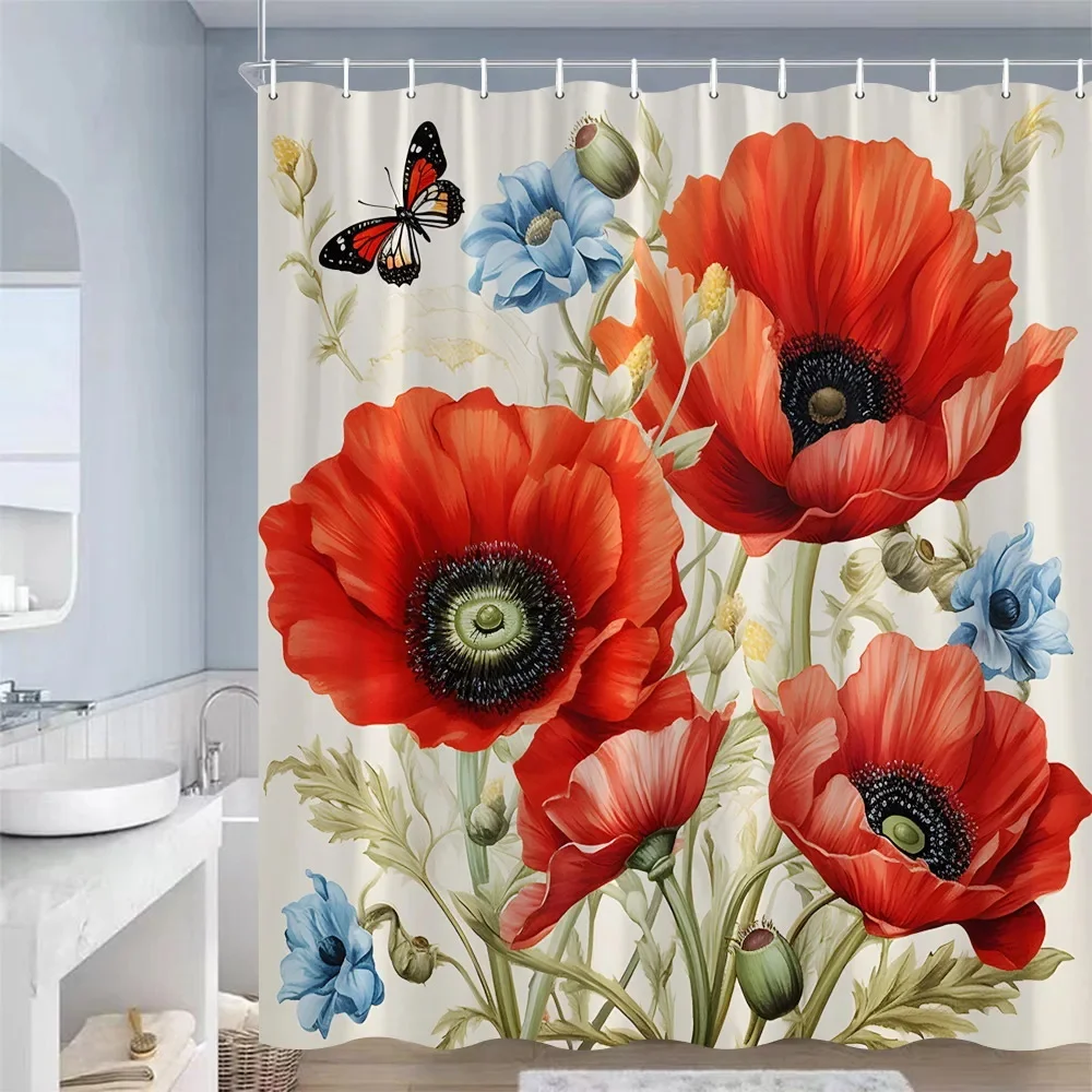 Poppy Shower Curtain Red Floral Fabric Bathroom Curtain Flowers Home Decoration Set with Hook Machine Washable Bathroom Curtains