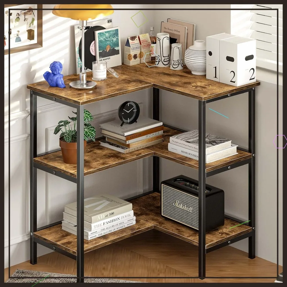 

Угловой шкаф-стол с 3-уровневой открытой полкой, многофункциональная подставка для хранения вещей для небольших помещений в домашнем офисе или на кухне, коричневый
