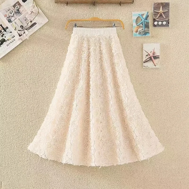 여성용 메쉬 스커트 하이웨이스트 A라인 롱 스커트 3D 장미 꽃 자수 거즈 스커트 봄 가을 웨딩 파티 비치용 w18