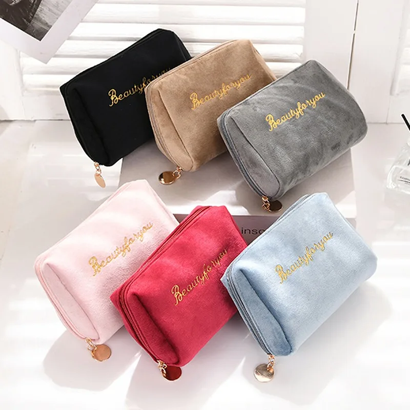 1 PC Velvet Women Cosmetic Bag Travel Large Makeup Bag Solid Color Zipper Lipstick Storage Bags Female Make Up Organizer Pouch