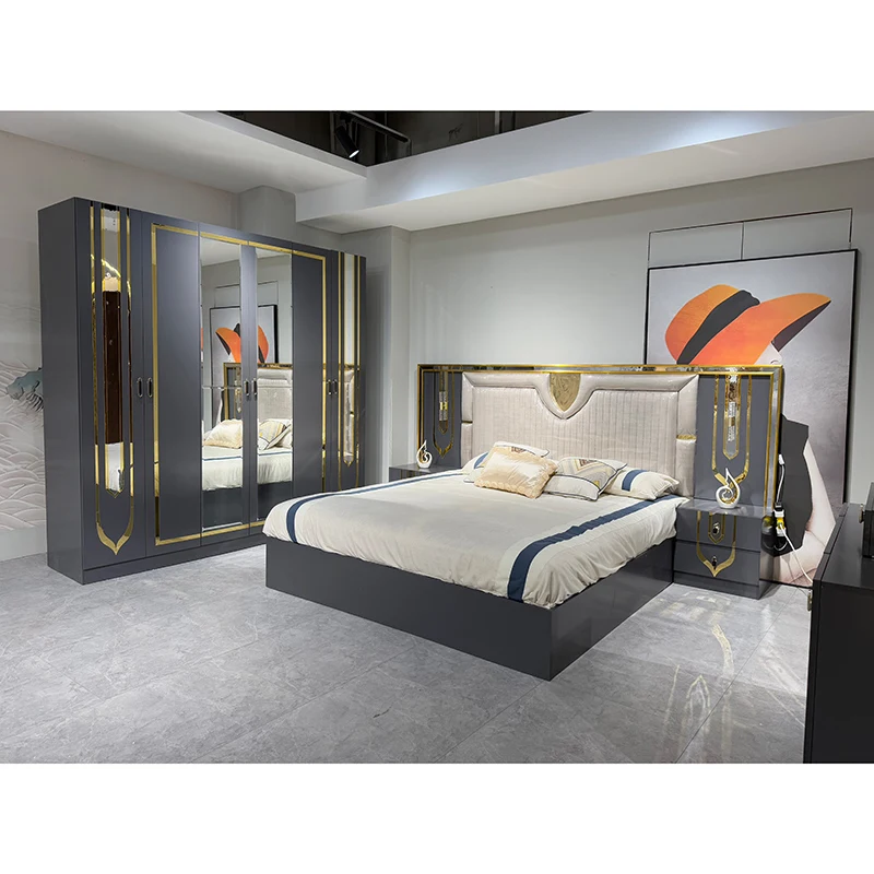

&Modern Wooden Frame Double king Size Bed Set Furniture Bedroom Cheap Luxury Home Wood Complete Bedroom Sets Furniture
