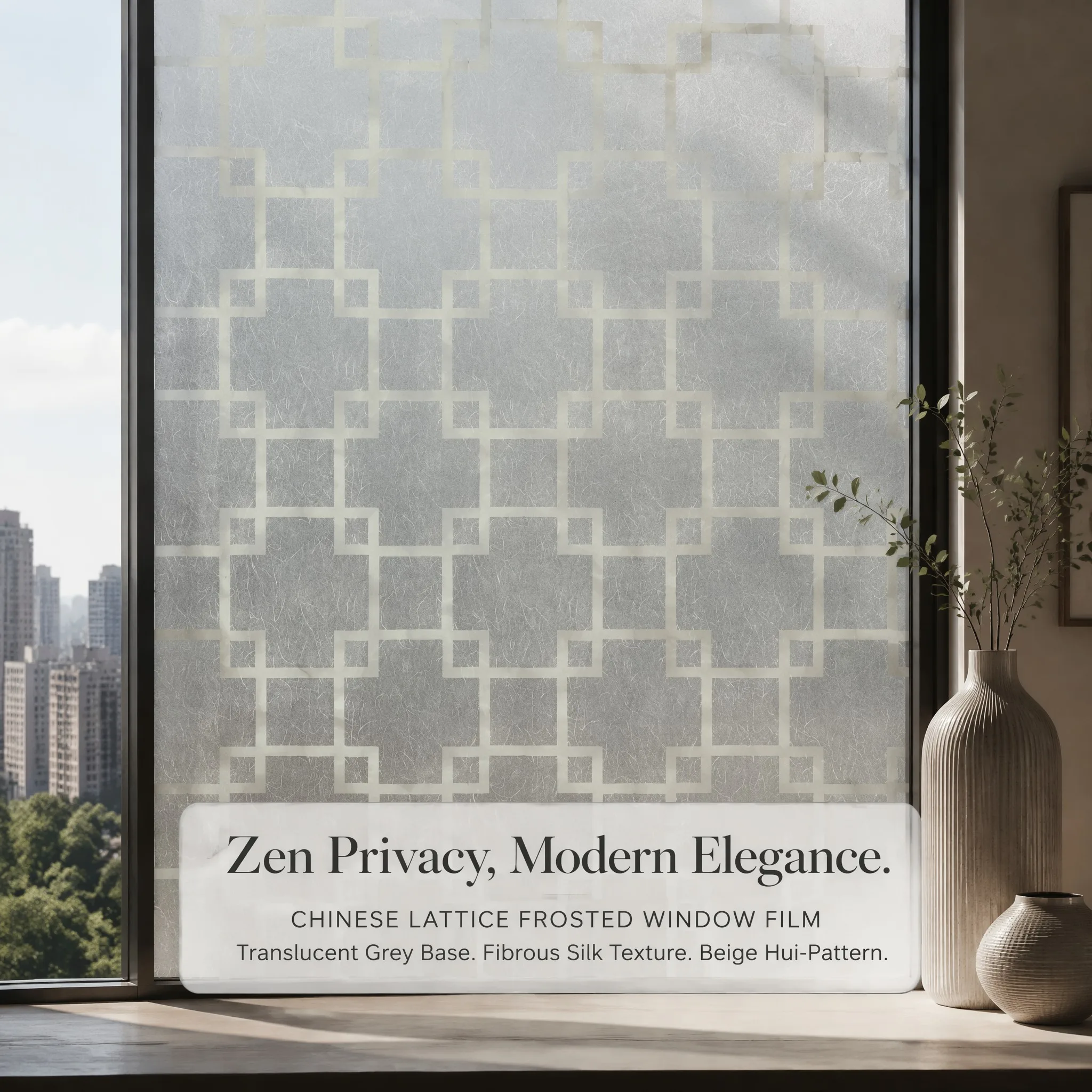 Self-Adhesive Chinese Hui Lattice Frosted Window Film, Silk Textured Waterproof Removable No Residue Privacy Glass Sticker for