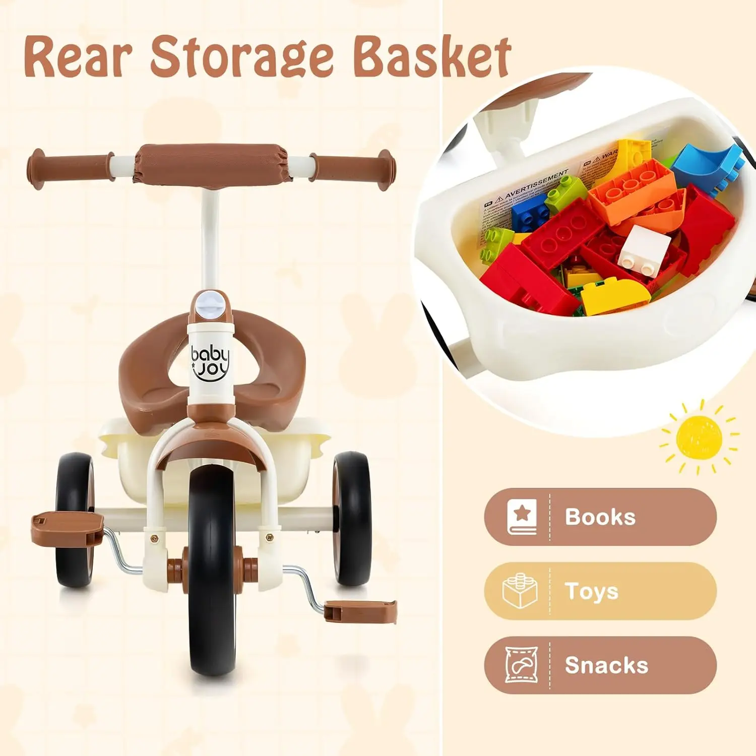 Tricycle pour enfants avec siège réglable et panier de rangement, tricycle pour tout-petits, équitation intérieure et extérieure, garçons et filles