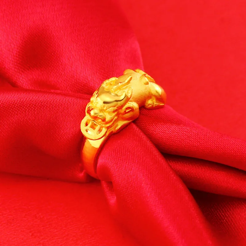 Yellow gold Pixiu ring men's/women's S925 silver open ring running jewelry