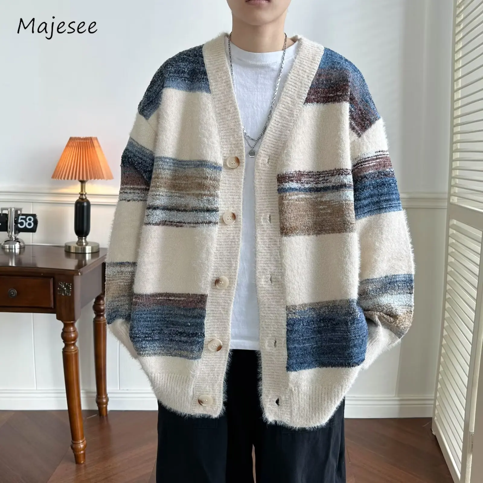 Striped Cardigan Men Chic Baggy Slouchy V-neck Japanese Style Harajuku Vintage High Street Knitting Sweaters All-match Autumn