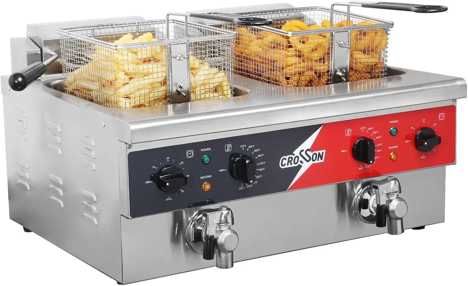 CROSSON Friggitrice elettrica da banco a doppio serbatoio da 12 litri con scarico, cestello solido e coperchio per ristoranti e uso domestico 120 V, 3600 W