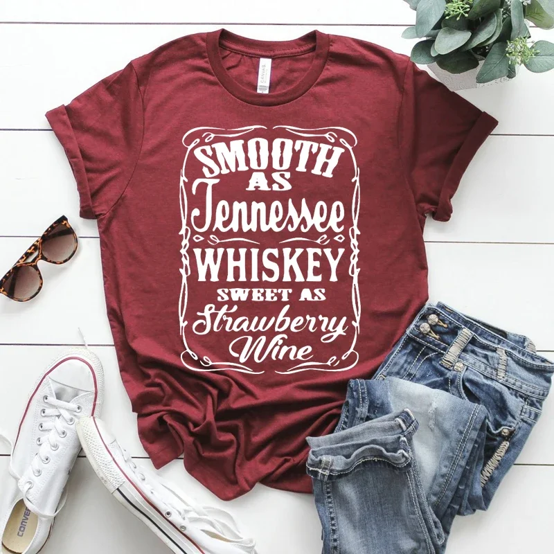 Short Sleeve Print Clothing Women's T-Shirt Smooth As Tennessee Whiskey Sweet As Strawberry Wine Top Rodeo Shirts Women Graphic