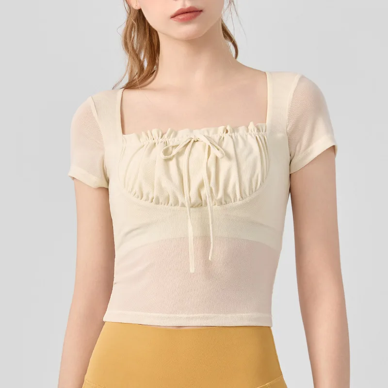 

Summer New Women Lace Pleated Drawstring Short Sleeve Mesh T-shirt Skin-friendly Breathable Tops Sports Fitness Gym Workout Tops