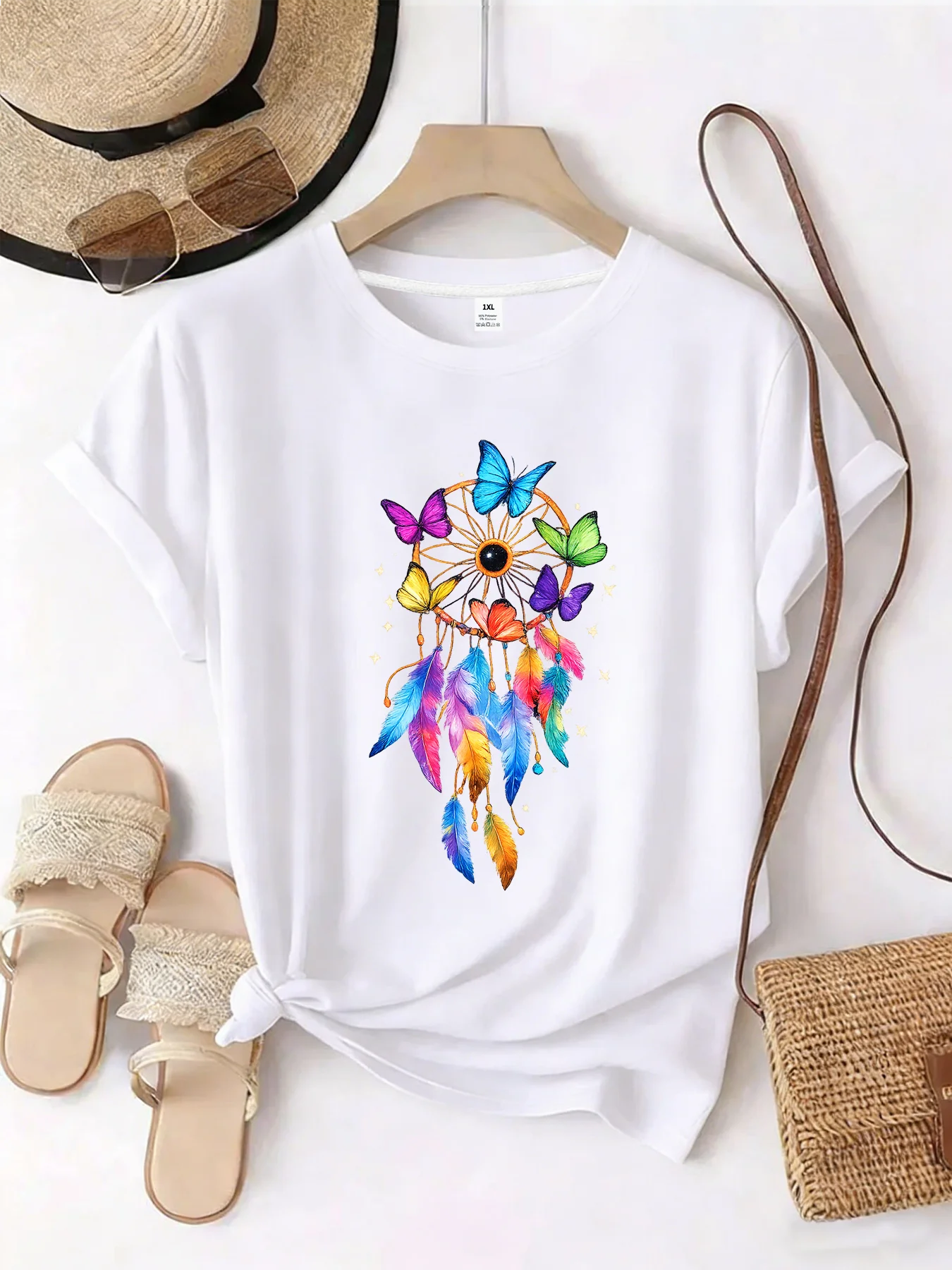 

【WZM101457】Butterfly print plus size women's round neck summer casual short sleeved street fashion versatile plus size T-shirt