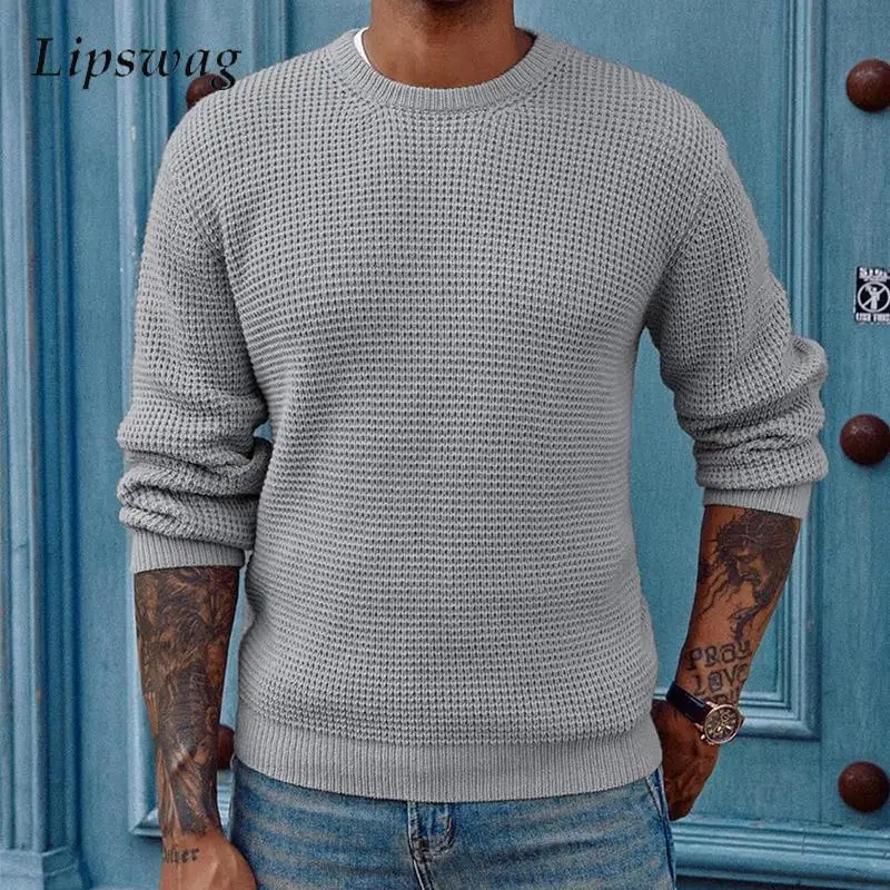 

2024 Autumn New Casual Knit Sweaters For Men Fashion Solid Color Crew Neck Long Sleeve Knitted Jumper Tops Mens Leisure Sweater