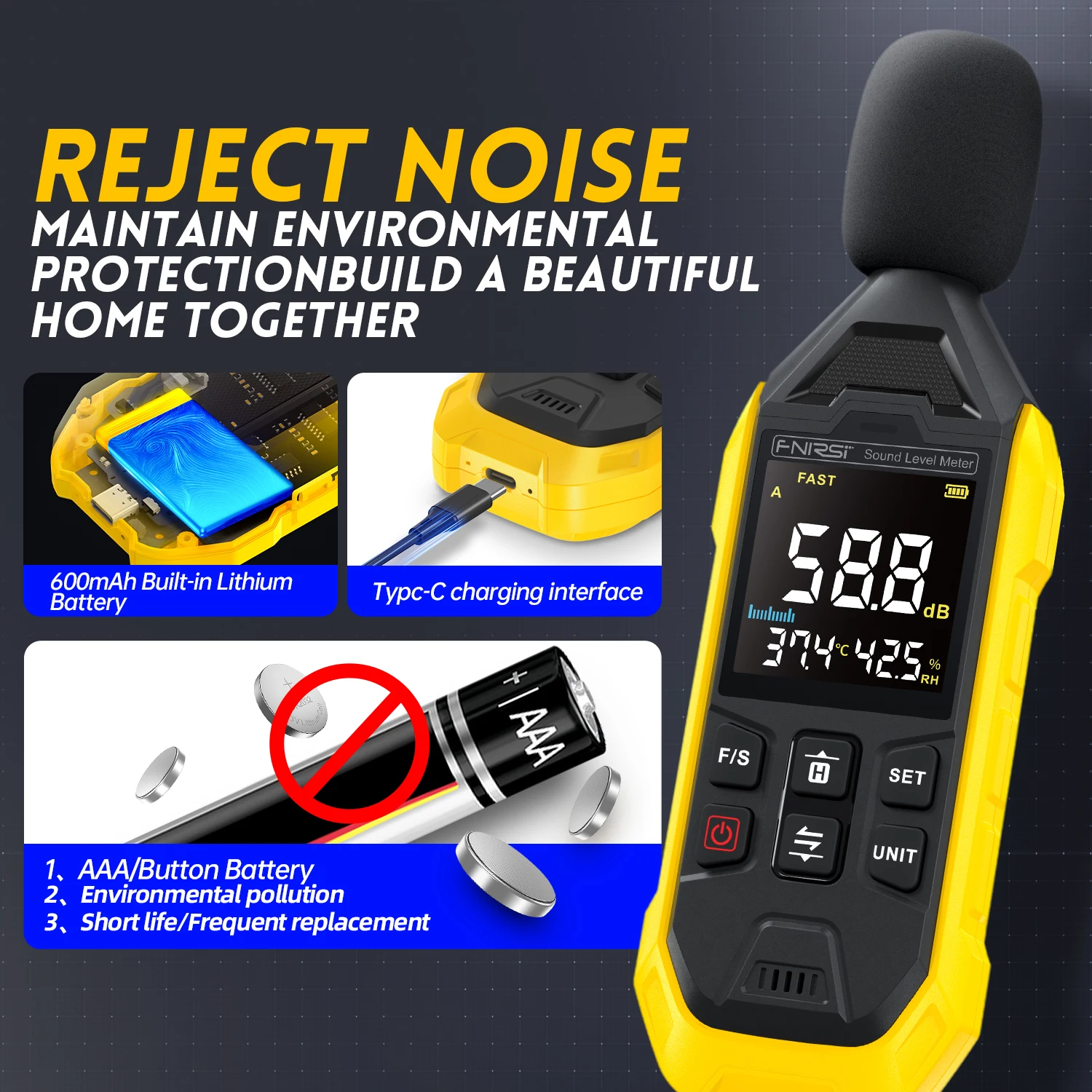 Imagem -04 - Inteligente Digital Noise Meter Sound Level Tester Sound Level Tester Recarregável db Audio Temperatura Áudio Ferramentas de Medição de Umidade Data Hold 30130db