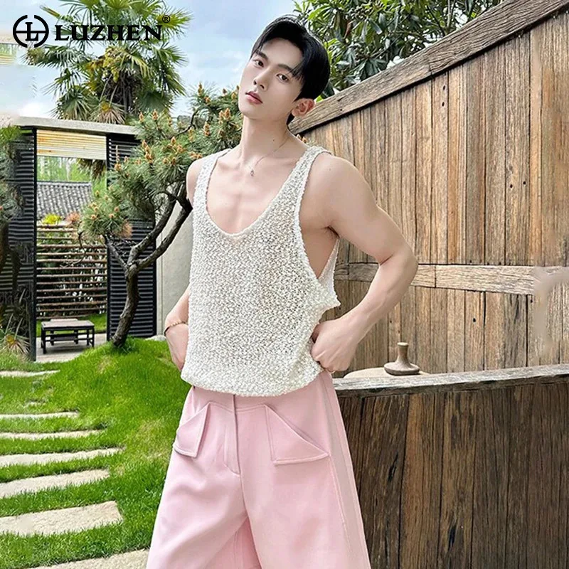 LUZHEN Summer Original Burr Hollow Design Sleeveless T-shirts 2026 Men's Fashion Handsome Simple High Quality Vests Tops JY8491