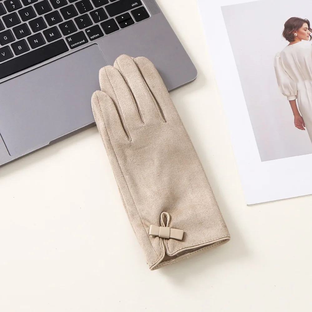 كل مباراة المخملية الشتاء القوس الجلد المدبوغ قفازات لينة سميكة بولي Leather قفازات جلدية الكورية نمط مقاوم للماء النساء الدراجات القفازات الفتيات #1