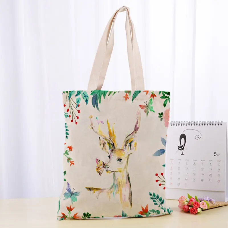 

Hot C4117 Sika deer Canvas Tote Bag Fashion Durable Women Student Cotton Linen Handbag Printed Shopping Bags Custom logo