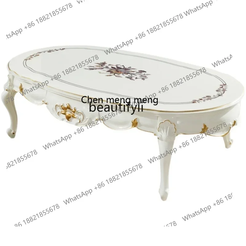 178Solid wood coffee table French engraved oval pearl white paint living room sofa tea table high foot2936