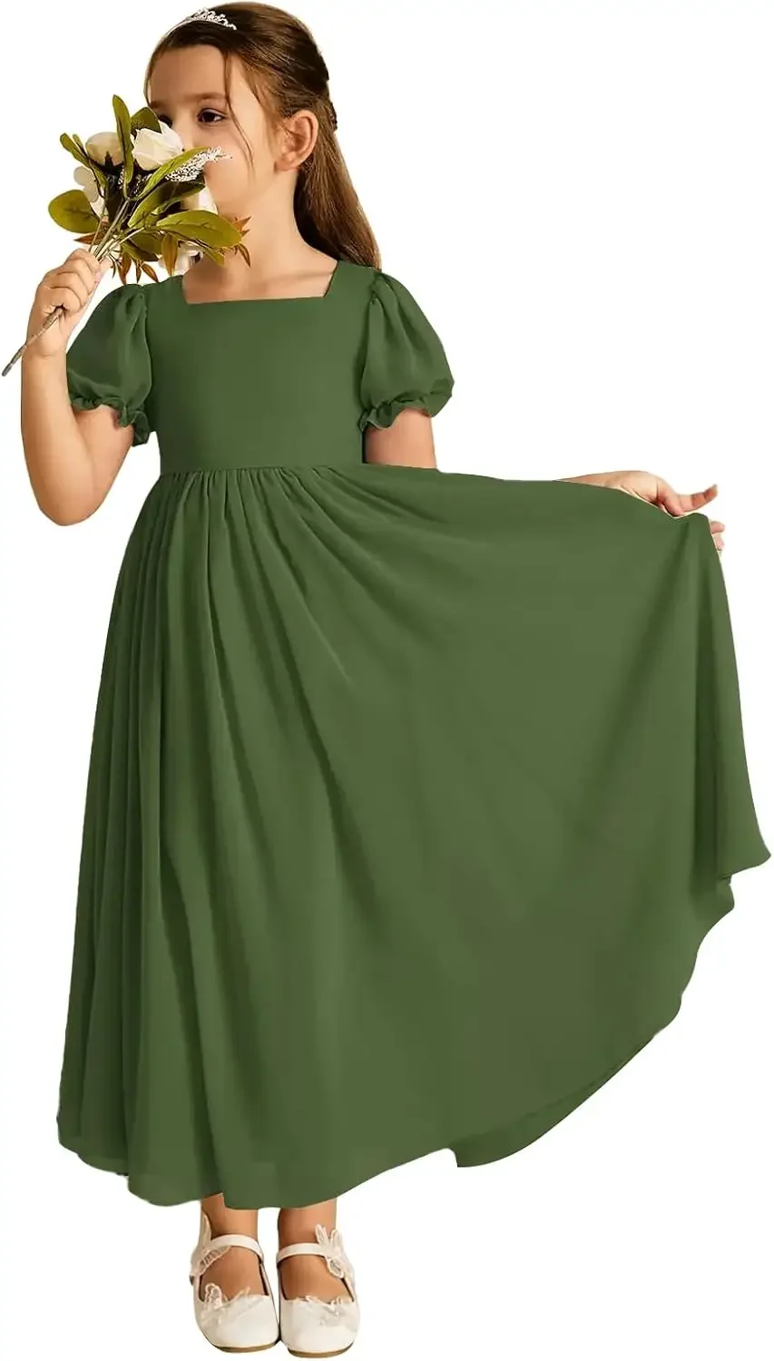 Long Chiffon Junior Bridesmaid Dresses for Wedding with Sleeve Formal Flower Girl Dress for Teens princess dress