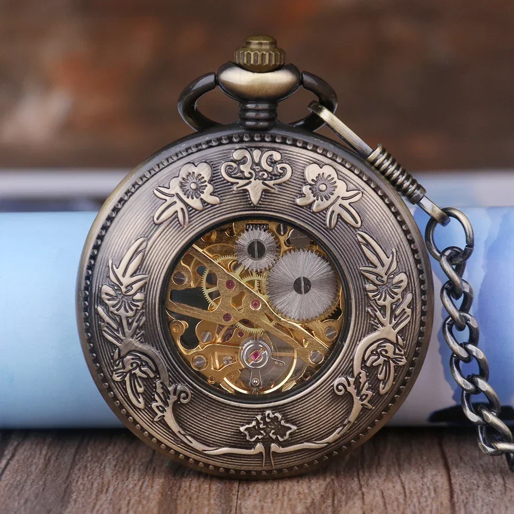 Vintage Hand Winding Mechanical Pocket Watch Luxury Wooden Design Half Hunter Retro Pocket Clock Gifts for Men Women with Box