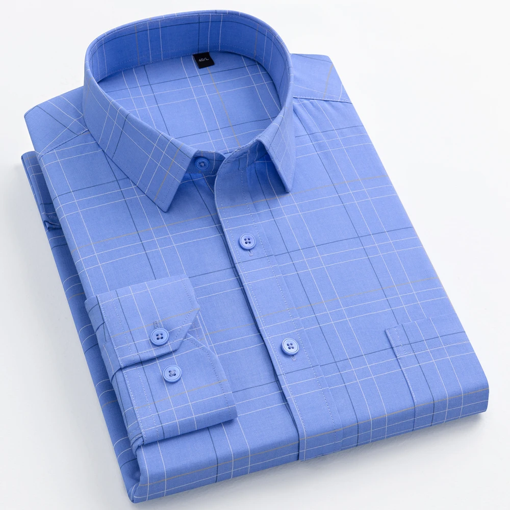 

Fashion Men's Trendy Plaid Striped Shirt with Chest Pocket, Casual Lapel Button Up Long Sleeve Dress Shirts For All Seasons