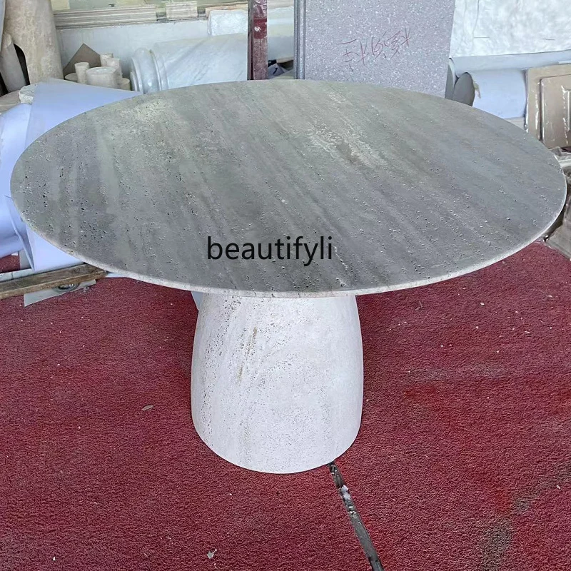 

Natural travertine dining table wabi wind round table living room marble dining table custom medieval Italian style