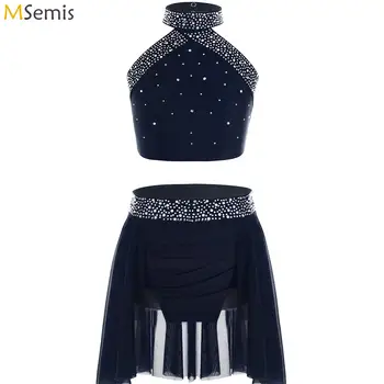 키즈 소녀 서정적 댄스 세트 현대 현대 의상 라인 석 자르기 탑 스커트 레오타드 2 피스 스케이트 발레 복장