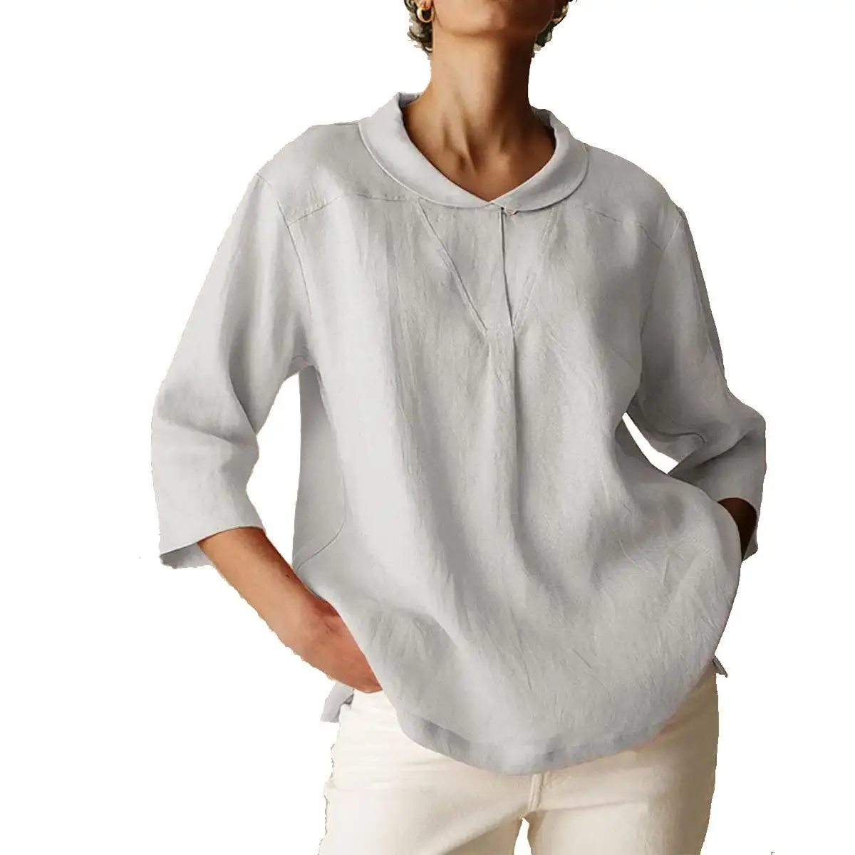 Top da donna casual in misto cotone e lino Seven Quarter Sve con colletto irt T-shirt ampia vestibilità Design con giunture in puro colore