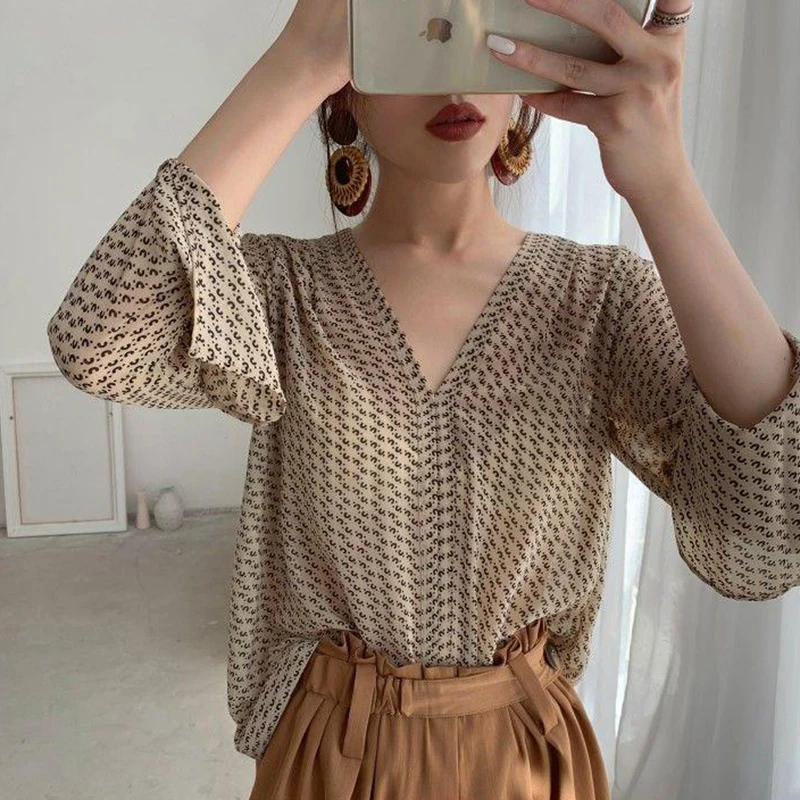 MEXZT Vintage Blouses Women Elegant V Neck Print Long Sleeve Loose Shirts Office Lady Casual Chiffon Chic Sun Protection Tops