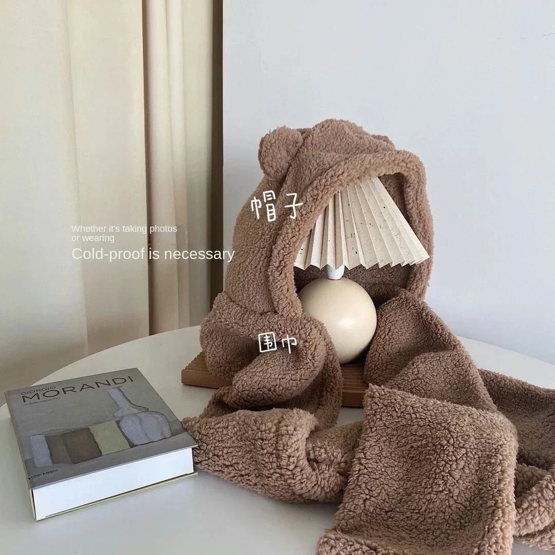 4PCS 3-in-1 Little Bear Hat Scarf Gloves Plush Double Layer Thickened Multi Functional Ear Protection Warm Hat