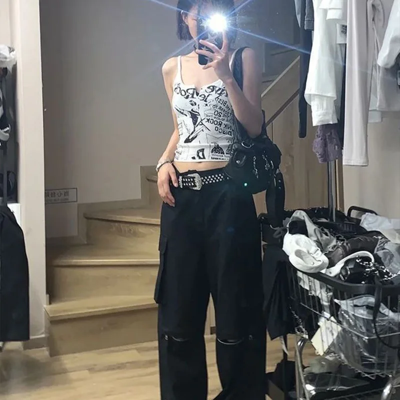 Y2K E-Girl Punk Print Sleeveless Ribbed Knit Tank Top For Women 2000s Crop Top Summer Fairy Grunge 90s Hippie Tee Korea Fashion image 3