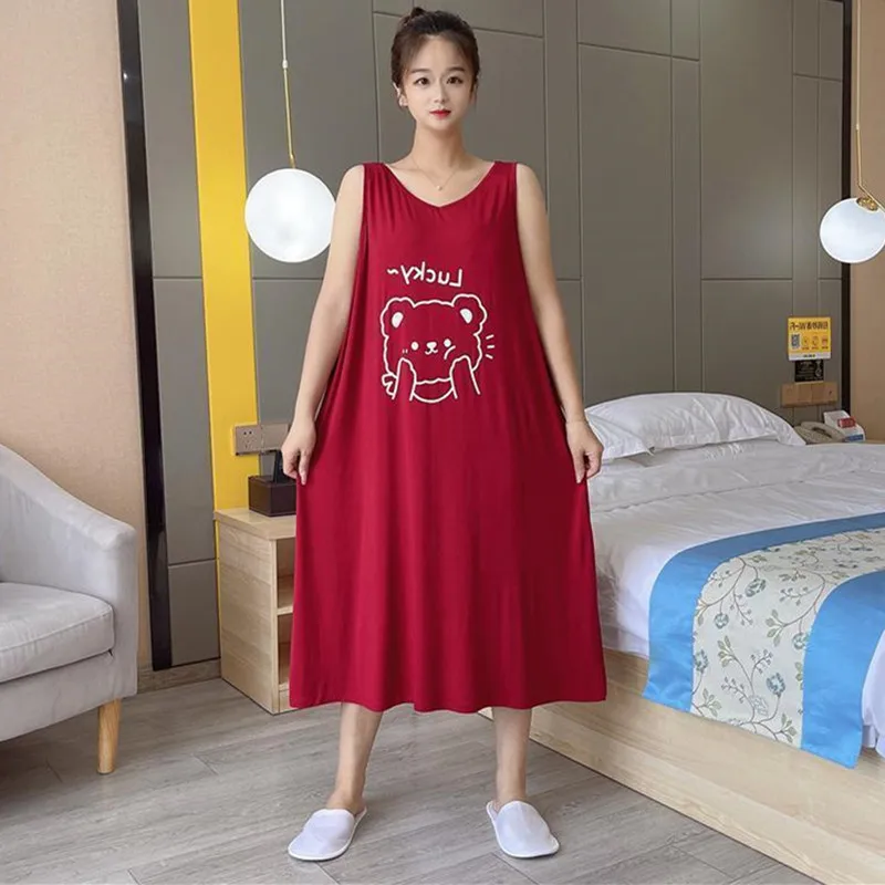 

M-3XL Loose Cotton Nightgowns For Women Cartoon Print Sleep Dress Oversize Plus Size Vest Night Dresses Ladies Nightshirt