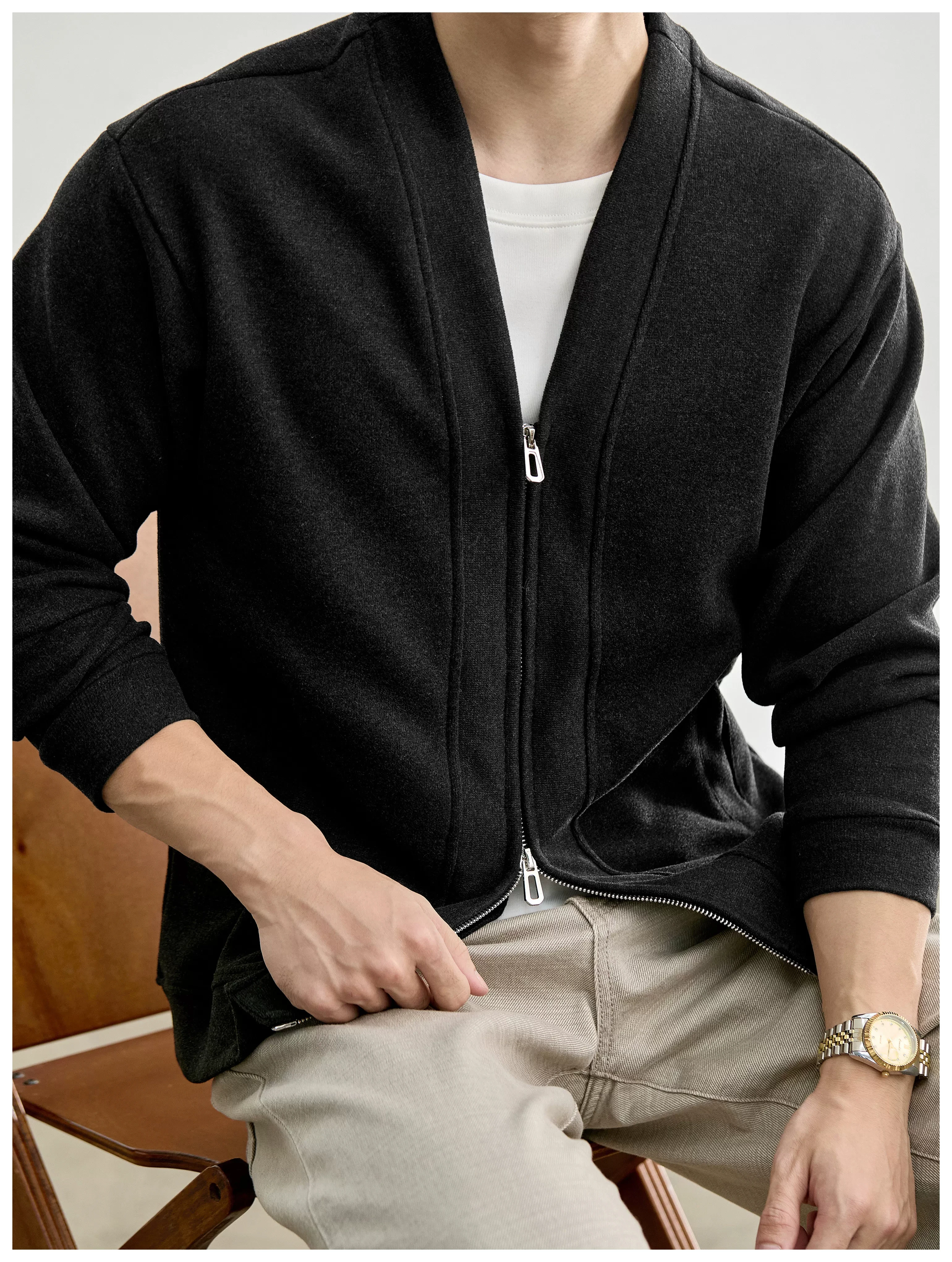 Men's Layered-Look Double-Zip Knit Cardigan — product detail 12
