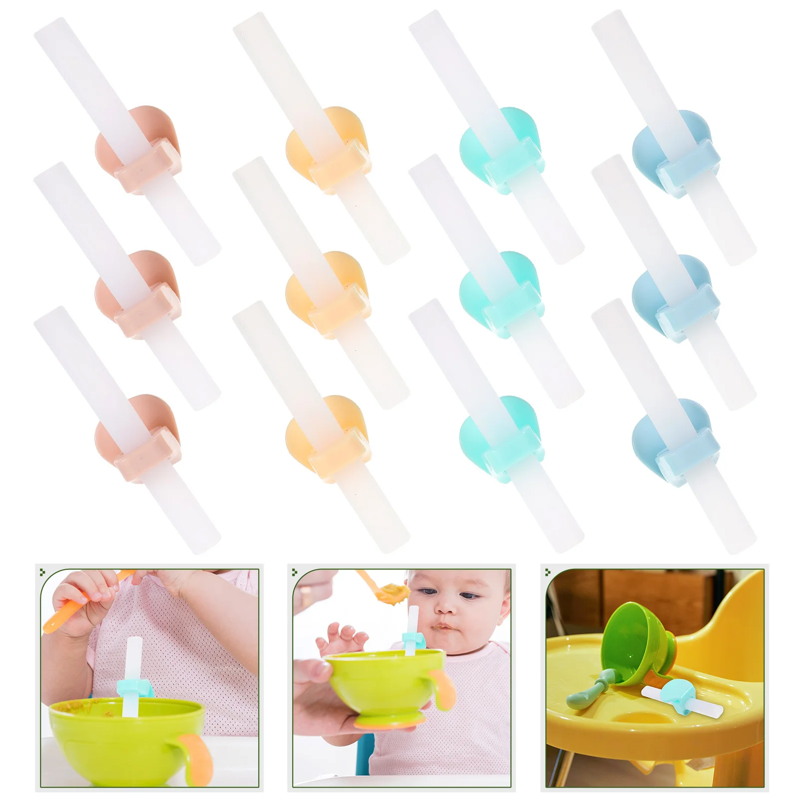 

12Sets Reusable Silicone Drinking Straws for Baby Bowl with Clips Flexible Practical Safe Drinking Straws Straw and Straw Buckle