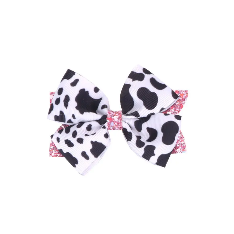 Bowknot 점선 디자인 동물 테마 귀여운 액세서리와 소녀를위한 사랑스러운 암소 인쇄 패브릭 헤어 클립