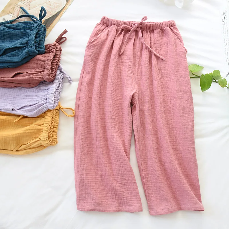 

Cotton Pique Couple Summer Thin Home Pants Women's High Waist Elastic Waist Casual Loose Fit Youth Seven-Foot Pants