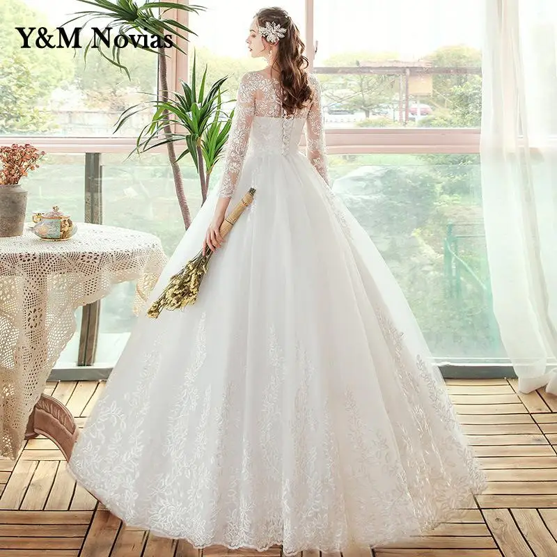 Muslin Vestidos De Novia New Style O-Neck Plus Size Wedding Dress Three Quarter Sleeve Women Lace Appliques Princess Bridal Gown