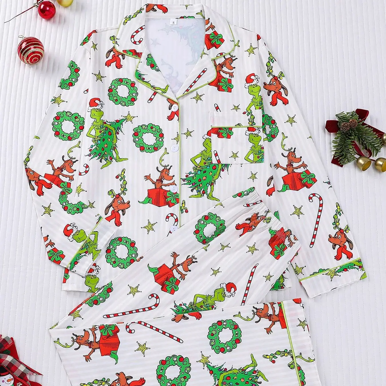 Ladies' Christmas Greentown Printed Pajama Set Long Sleeve Cardigan Long Pants Home Clothes Breathable for Outwear