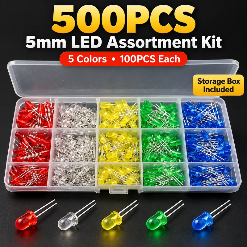 500PCS F5mm LED Diode Assortment Kit Red Yellow Blue Green White 100PCS Each Through Hole Light Emitting Diodes with Box