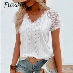 Women Summer Fashion V Neck Lace Shirt Women Short Sleeve T-Shirts Loose Tee Tops Casual White Shirt For Women