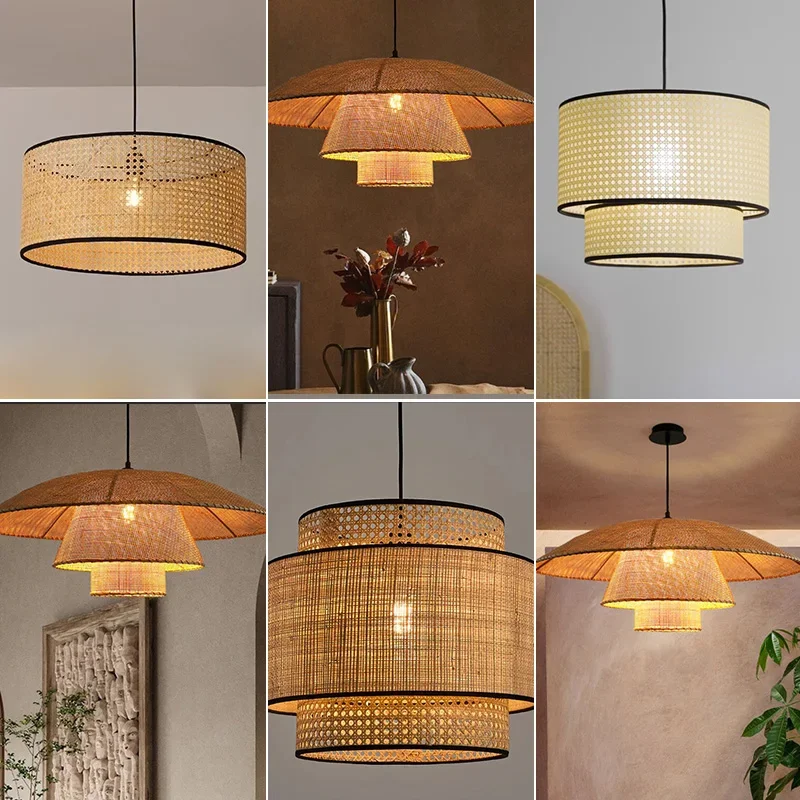 

Classical Bamboo Weaving Chandelier Lamp Handmade Pendant Light Hanging LED Ceiling Fixtures Rattan Woven Home Bedroom Decors