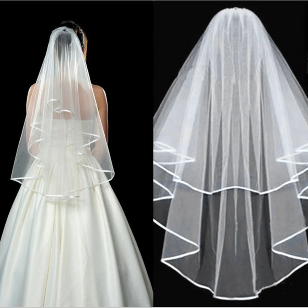 

White Wedding Bridal Veil Tulle Bridal Veils with Comb Wedding Veils With Lace Ribbon Edge For Marriage Wedding Accessories