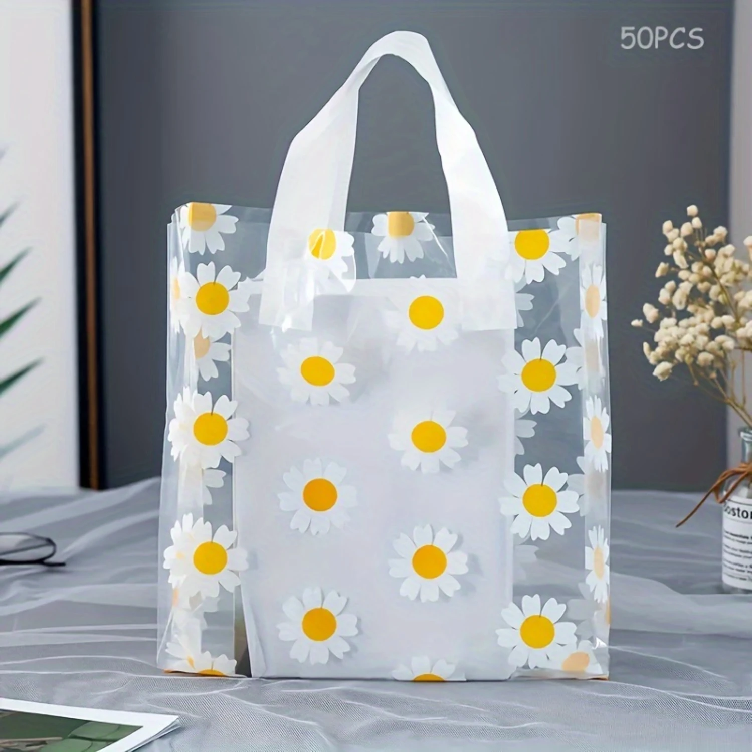 50pcs Small Daisy Printed Gift Bag, Transparent PVC Tote Bag, Portable Cosmetics Bag Makeup Bag, Clothing Packaging Bag Shopping