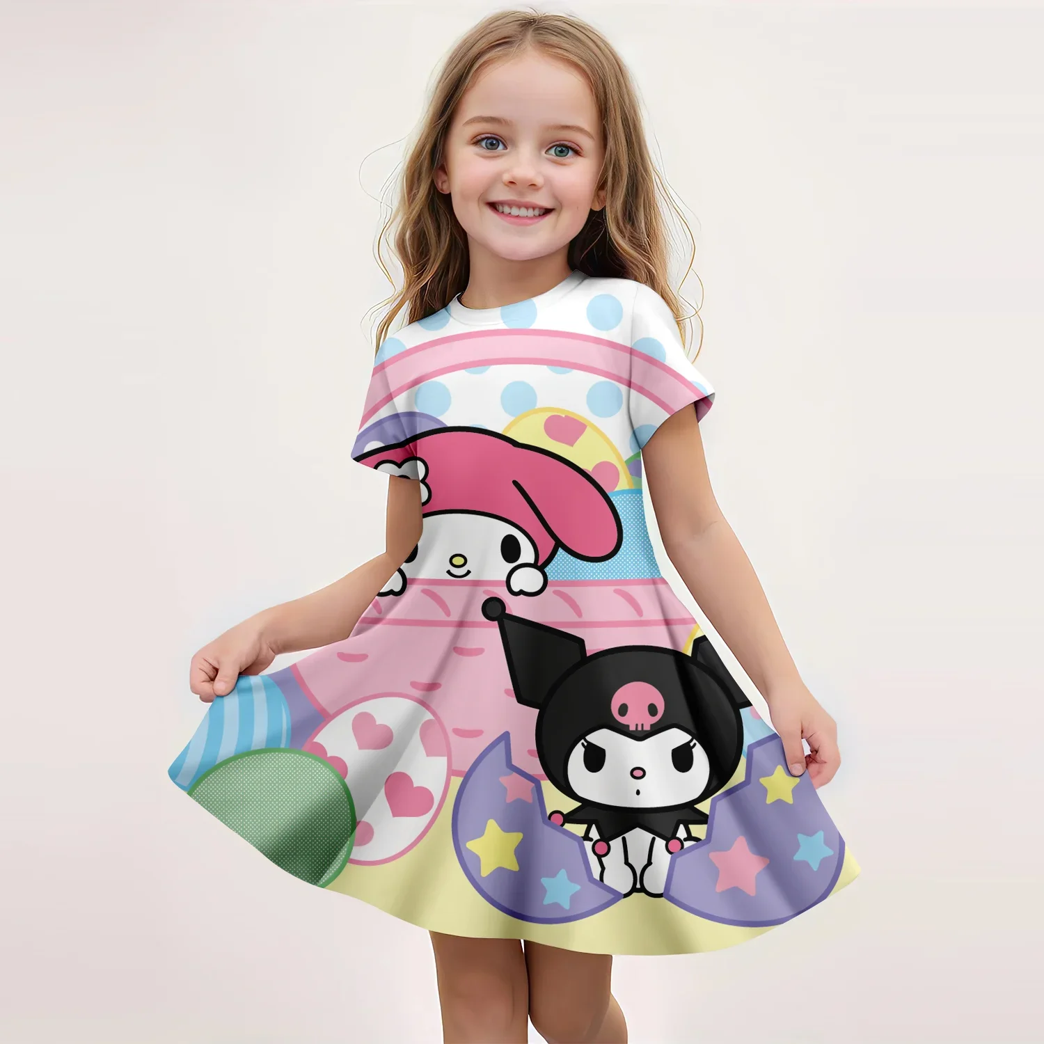 MINISO New Summer Girls Dress Cartoon Cute Hello Kitty & Kuromi Print Girls Short Sleeve Princess Dress Fashion Kids Clothing