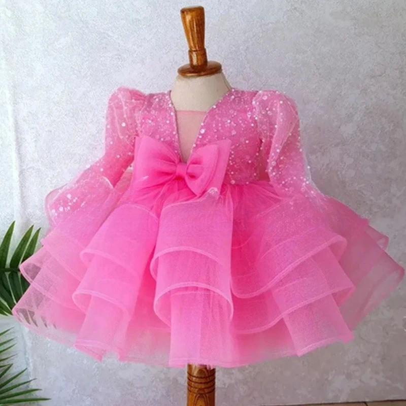 2025 Girls Pink Princess Dress Long Sleeve Puffy Gown Kids First Birthday Party Outfit 1 Years Old Formal Celebration Matching