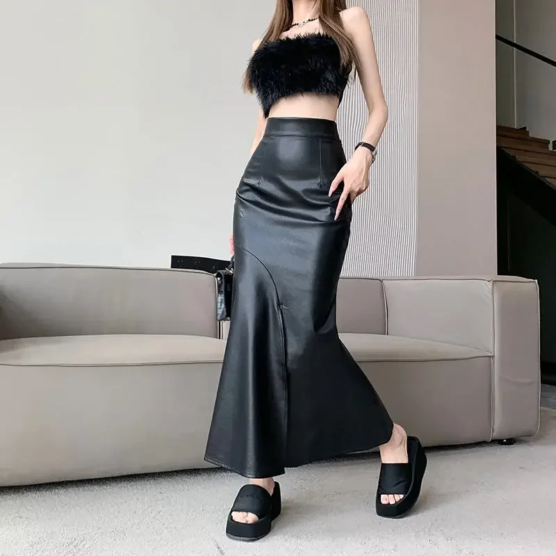 

Korean Style, Vintage, Office Lady, Elegant Long PU Skirt, Women's High Waist Leather Mermaid Skirts, Autumn, New Arrival, 20